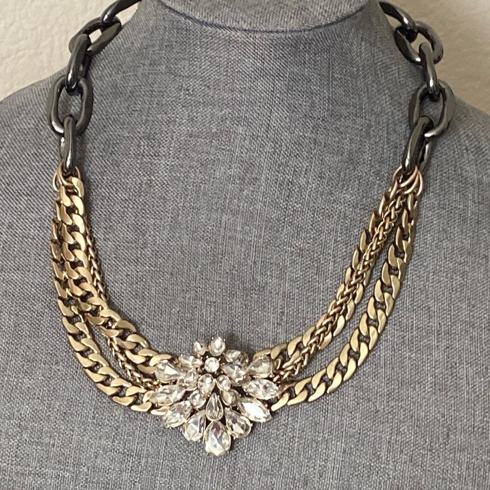 Vintage 80s Duo Toned Triple Chains & Rhinestoned Necklace